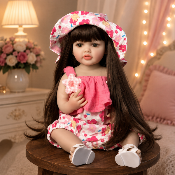 Ігрова лялька у стилі Reborn Baby Doll Milana 55 см &ndash; вінілова дівчинка з довгим темним волоссям та аксесуарами; підходить для купання (RB096) RB096 фото